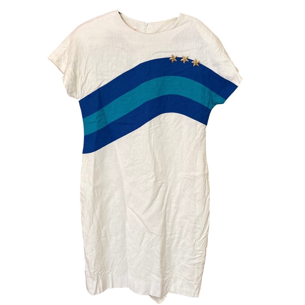 David Warren Sheath Dress Women White Blue Starfish Nautical Linen Blend SIZE 14
